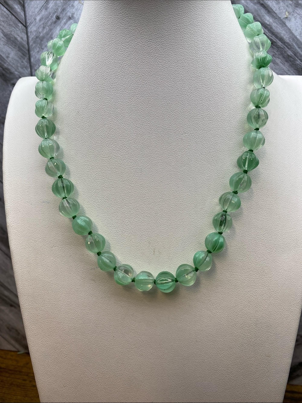 Pumpkin Green Glass Bead Necklace 18 inch Aprilsplace hand knotted - Picture 5 of 5